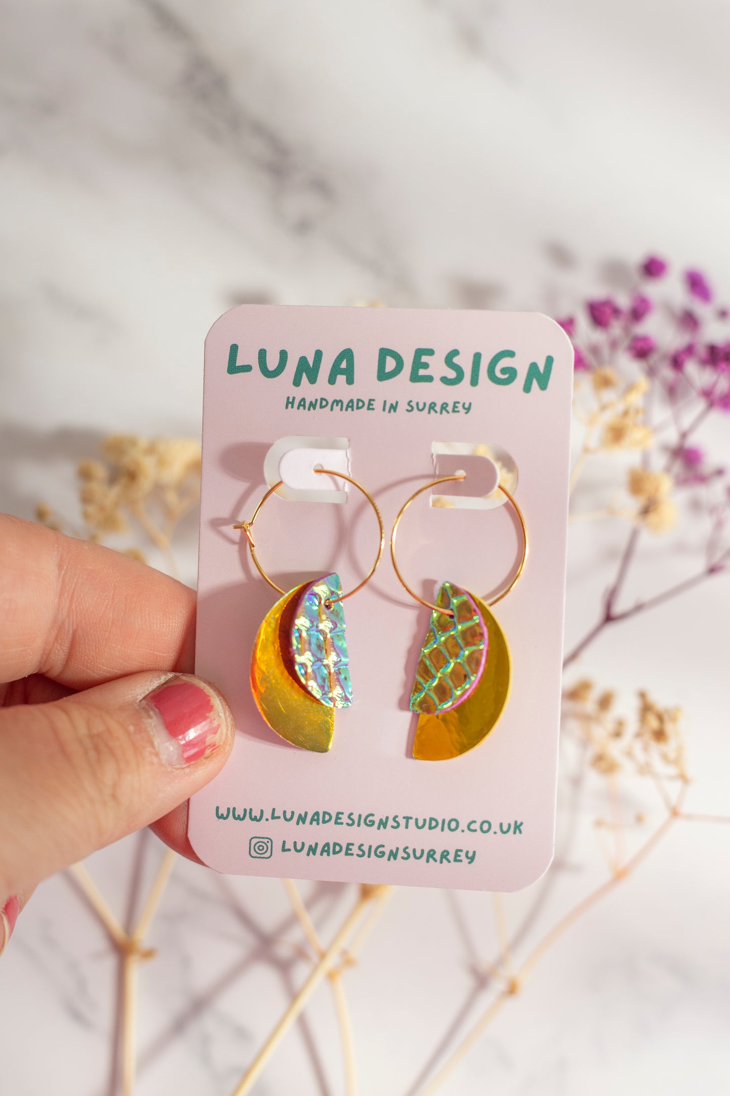 Gold Plated Half Moon Hoops - Shiny Gold & Iridescent Textured Leather