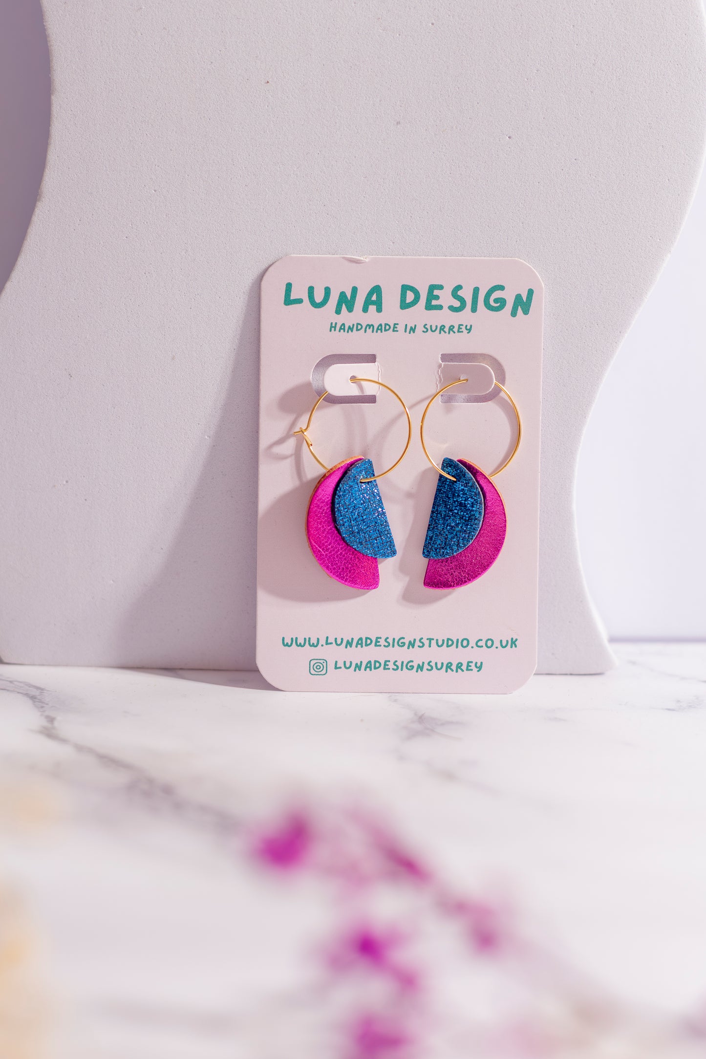 Gold Plated Half Moon Hoops - Pink and Blue