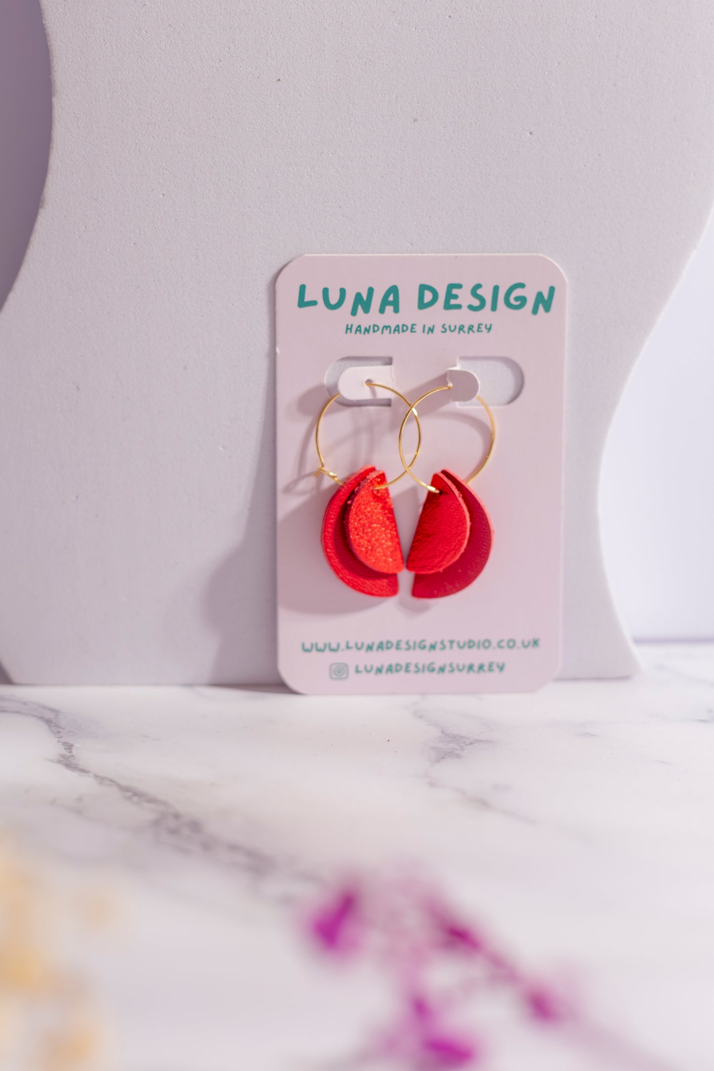 Gold Plated Half Moon Hoops - Red