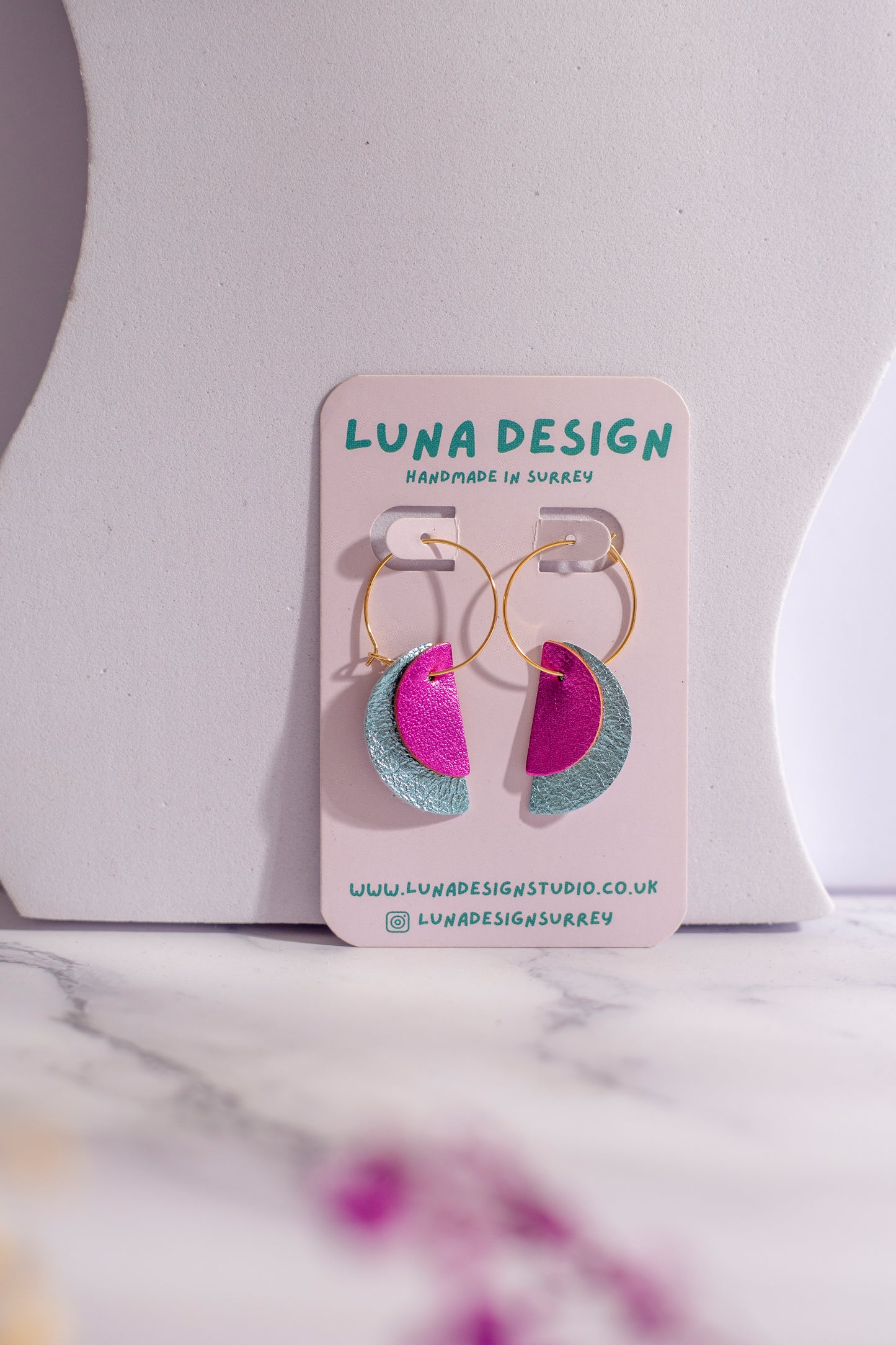 Gold Plated Half Moon Hoops - Baby Blue and Pink