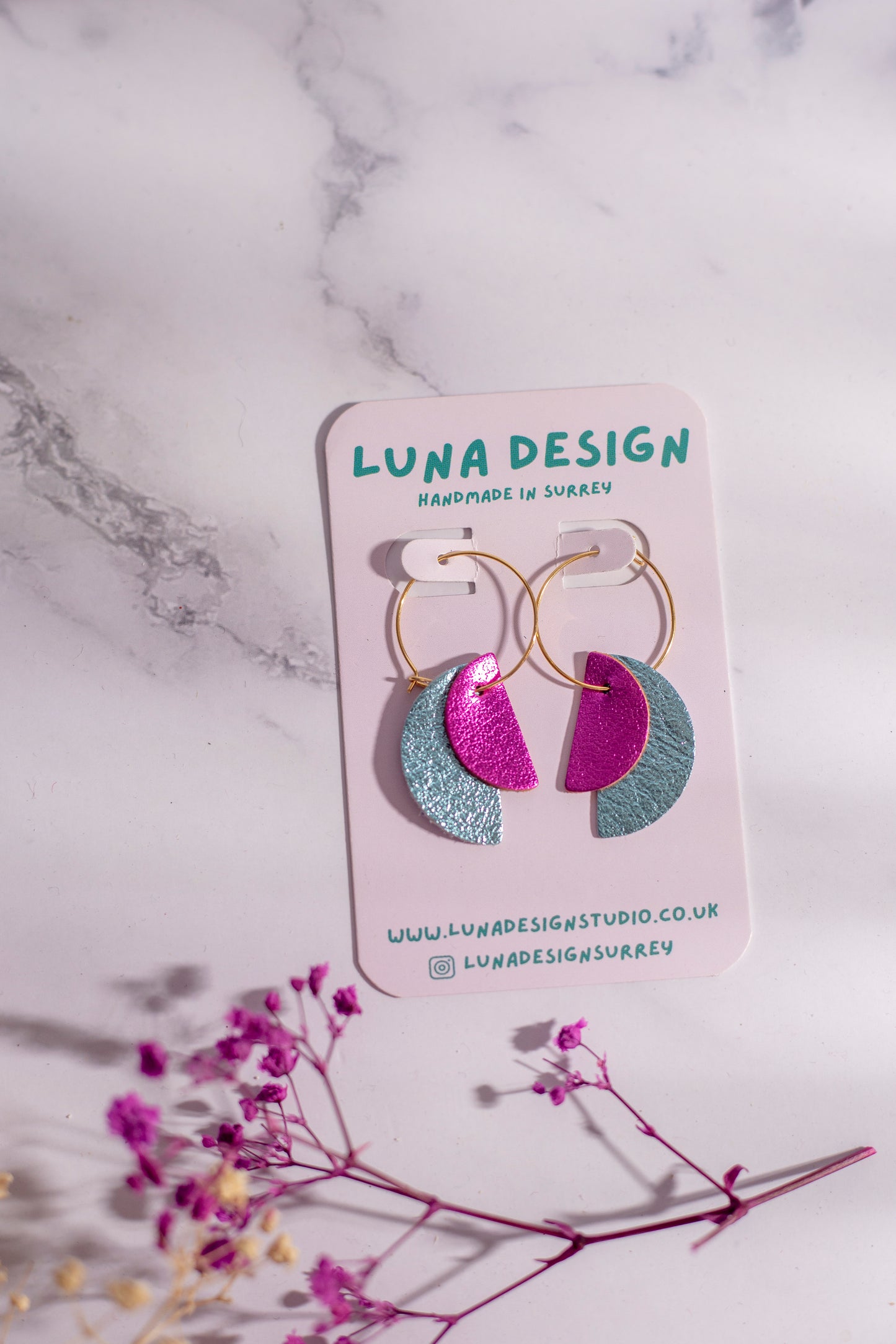 Gold Plated Half Moon Hoops - Baby Blue and Pink