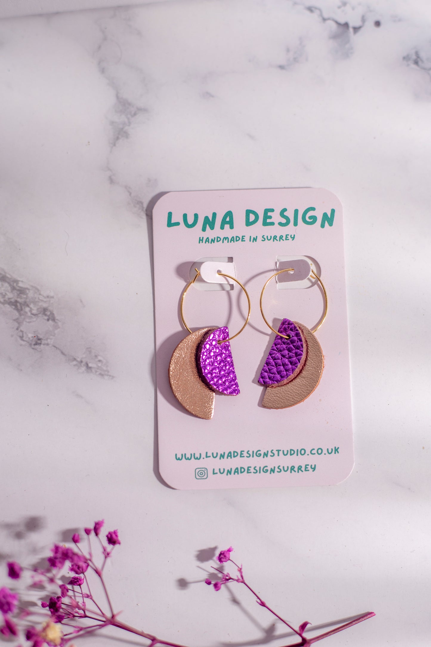 Gold Plated Half Moon Hoops - Rose Gold and Purple
