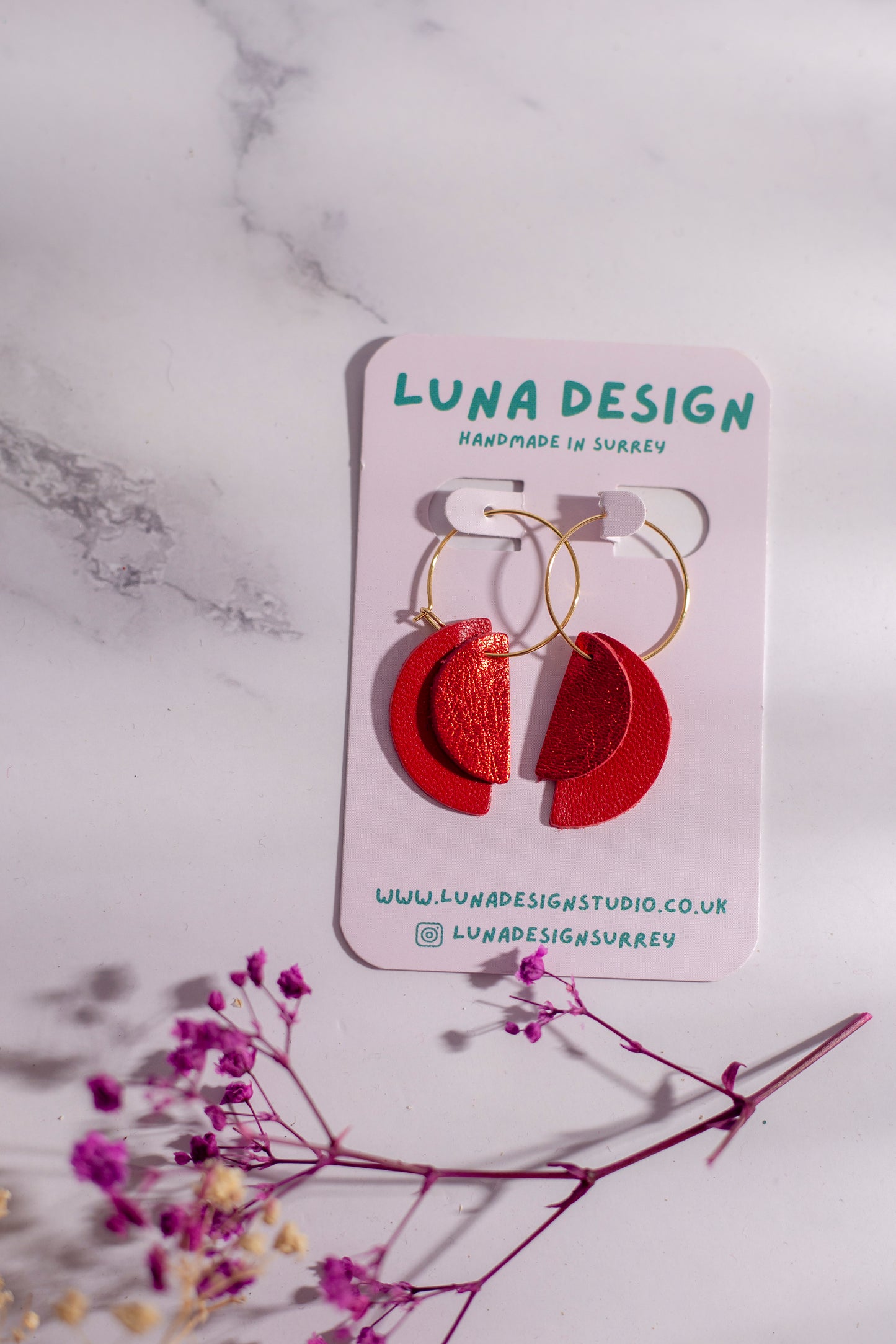 Gold Plated Half Moon Hoops - Red