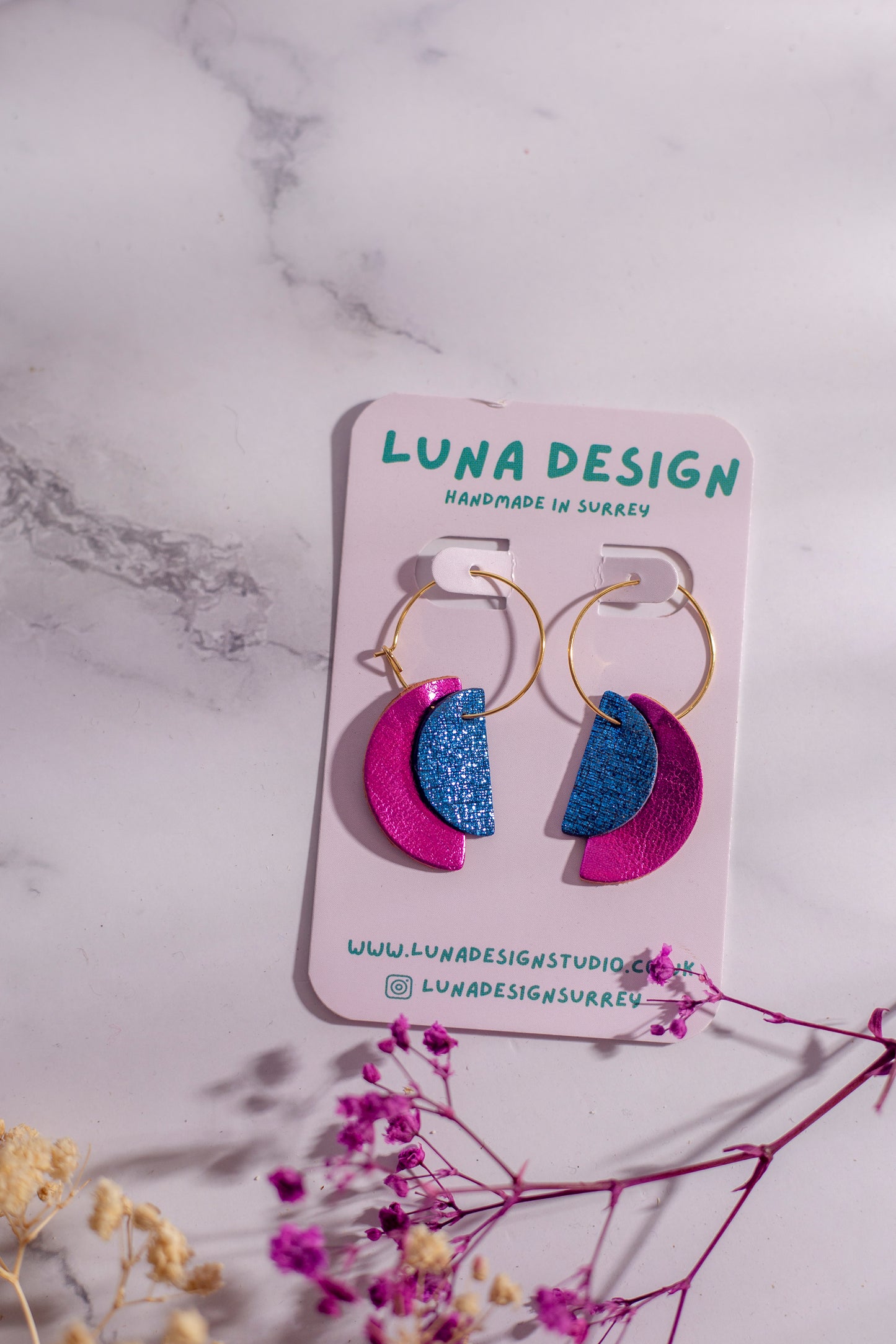 Gold Plated Half Moon Hoops - Pink and Blue