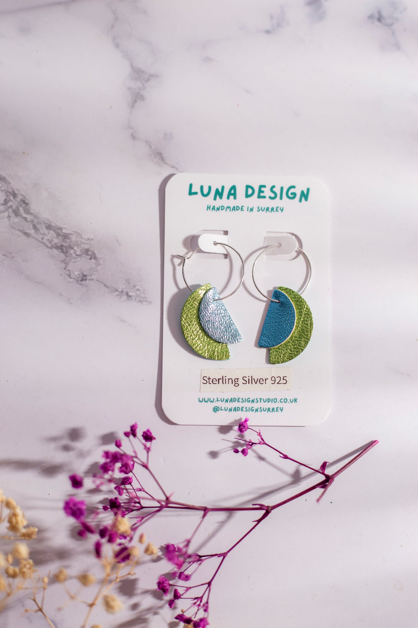 Sterling Silver Half Moon Hoops - Green and Blue