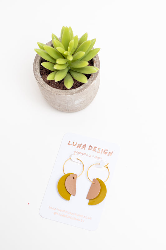 Half Moon Hoops - Gold Plated - Glossy Olive and Nude