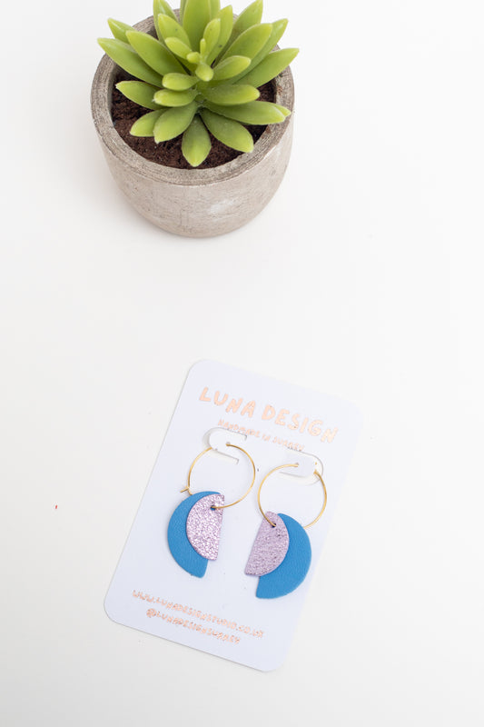 Half Moon Hoops - Gold Plated - Blue and Sparkly Violet