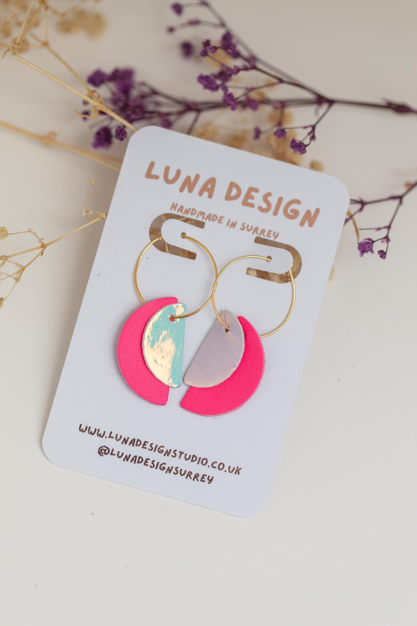 Half Moon Hoops - Gold Plated - Neon Pink and Iridescent