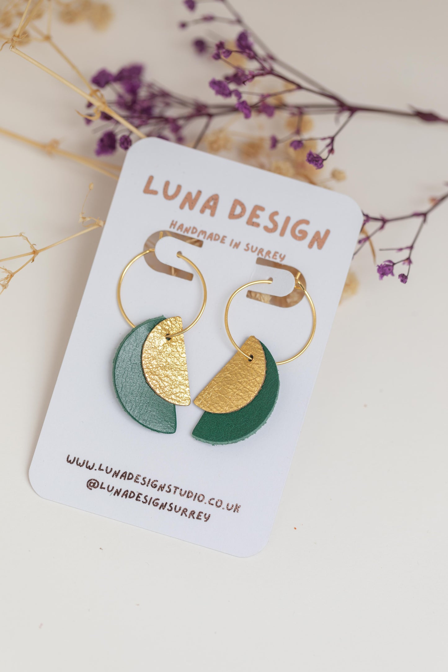 Half Moon Hoops -Gold Plated - Green and Gold