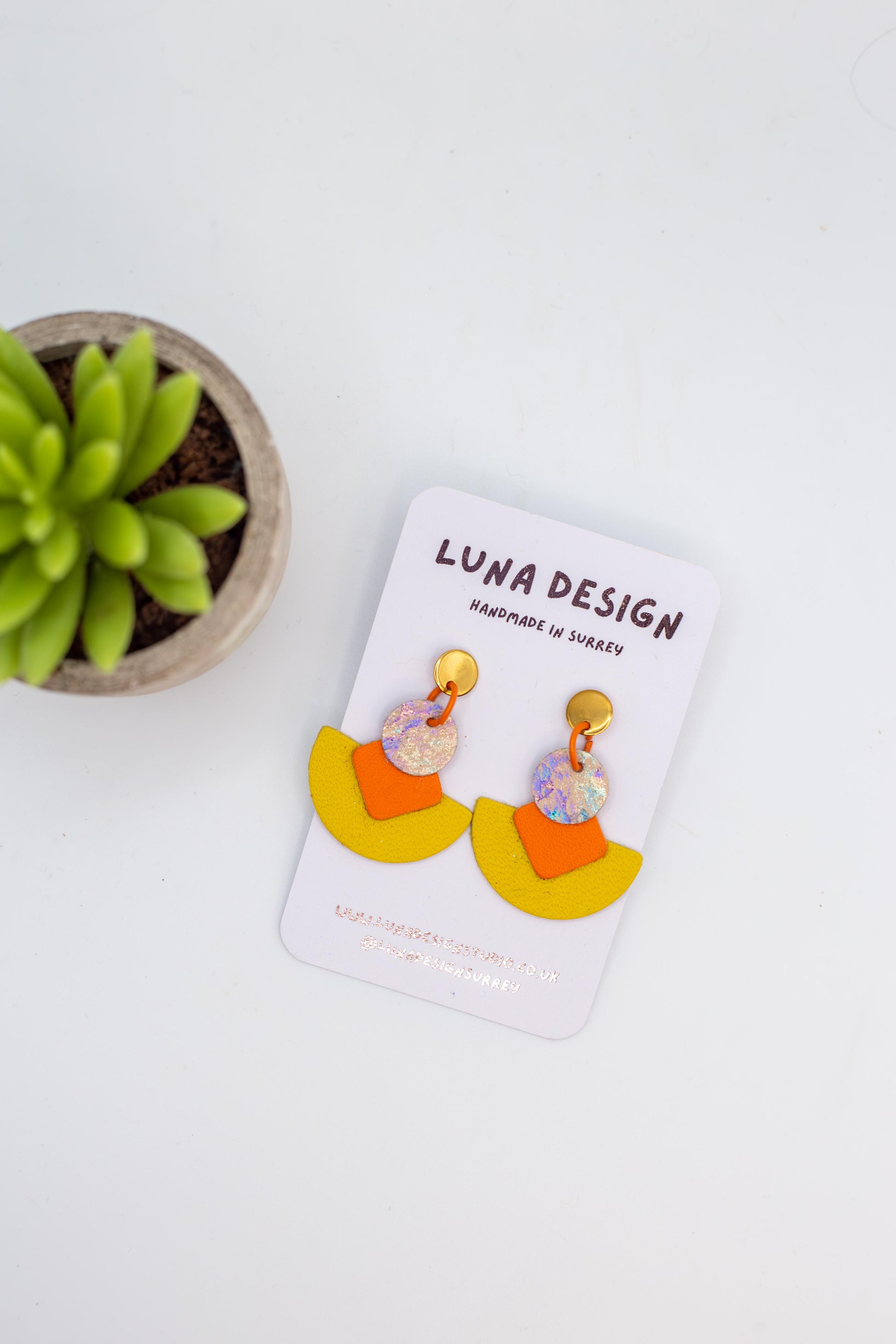 Colorful earrings on a Luna Design card with a plant in the background