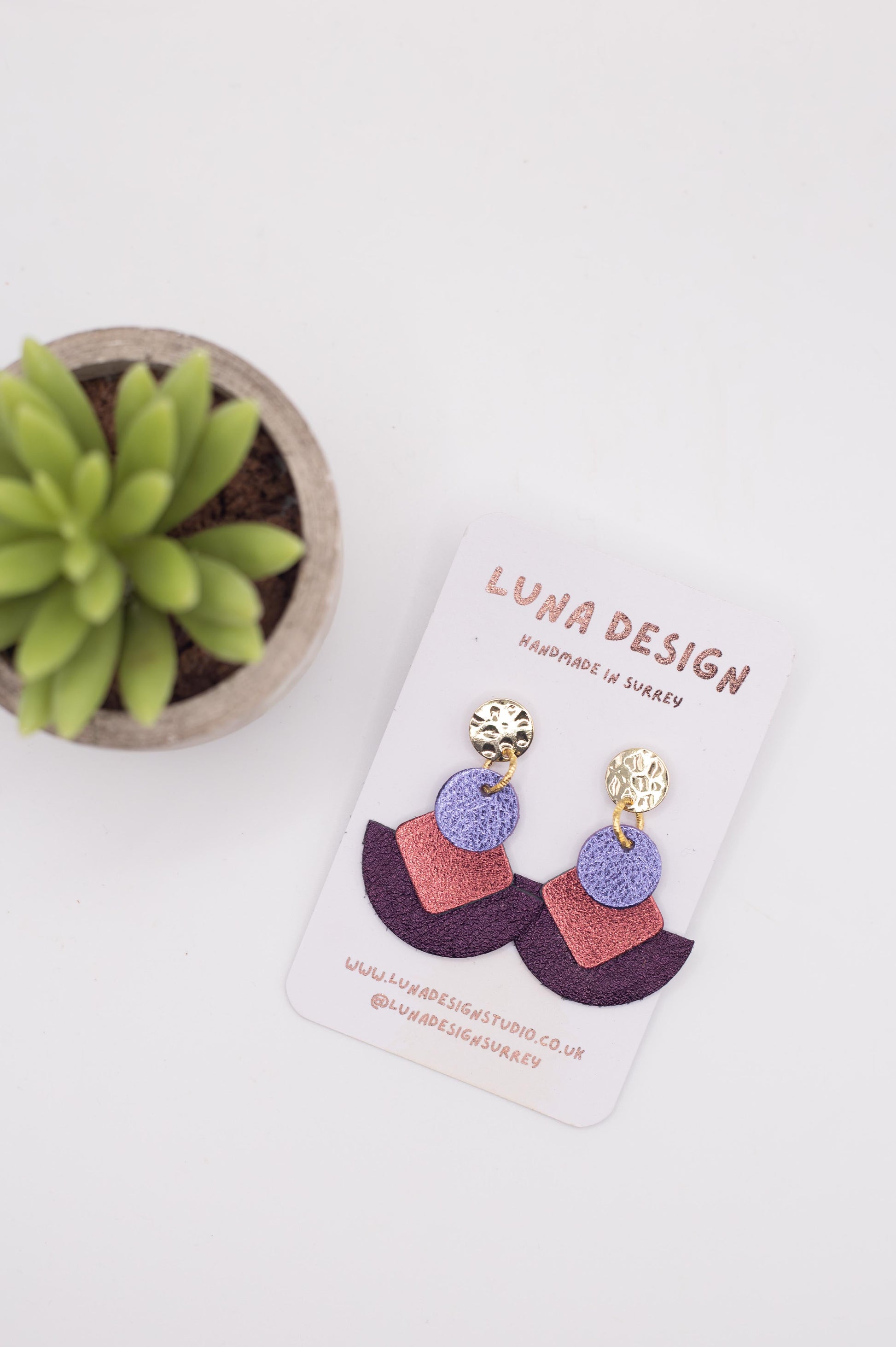 Earrings on a Luna Design card with a small plant in the background