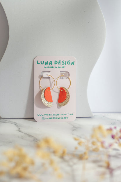 Gold Plated Half Moon Hoops - Orange and Sparkly Gold