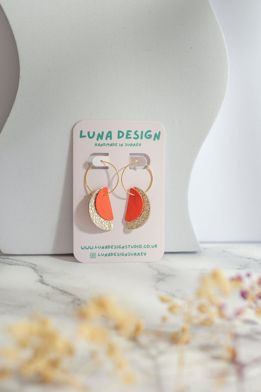 Gold Plated Half Moon Hoops - Orange and Sparkly Gold