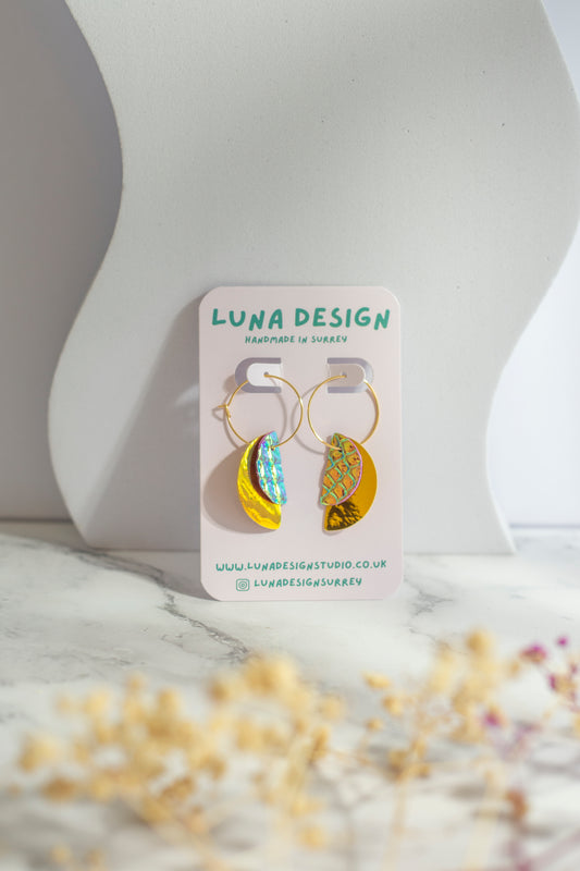 Gold Plated Half Moon Hoops - Shiny Gold & Iridescent Textured Leather