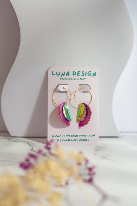 Gold Plated Half Moon Hoops - Pink Iridescent