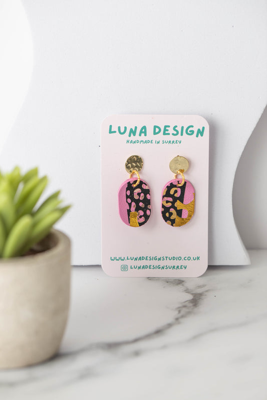 Gold Drop Studs - Fuchsia Feline