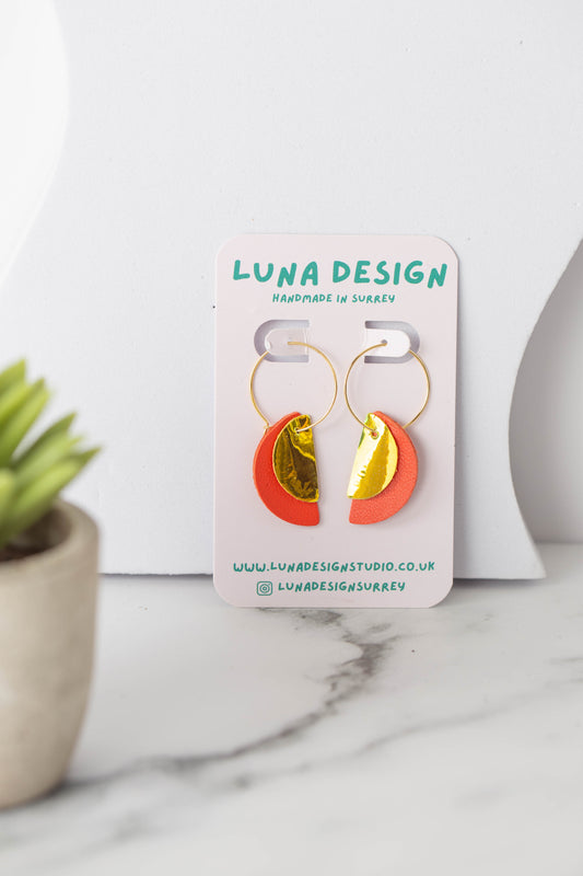 Half Moon Hoops -Gold Plated - Orange and Iridescent Gold