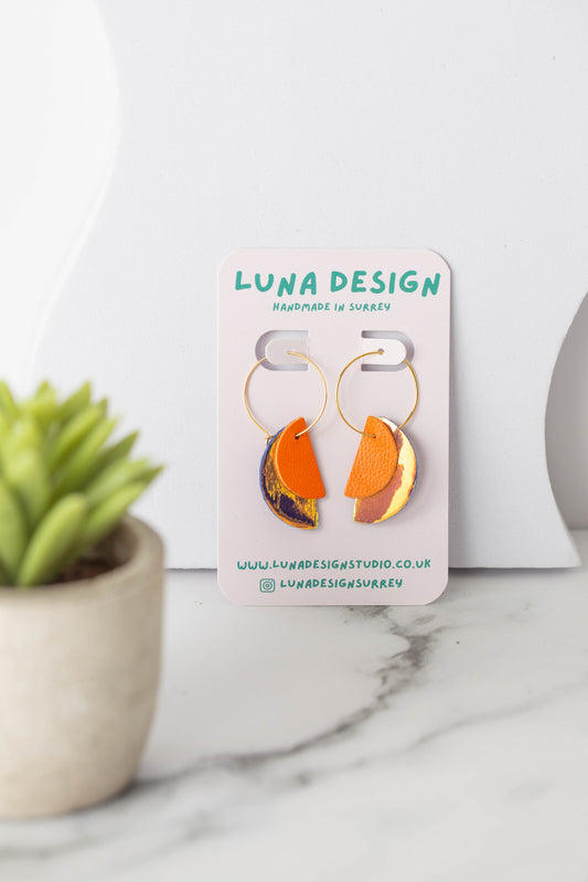 Half Moon Hoops -Gold Plated - Iridescent Leather and Orange