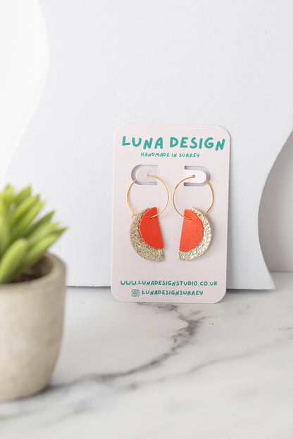 Half Moon Hoops -Gold Plated - Textured Old Gold with Orange