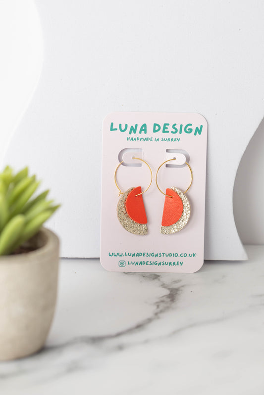 Half Moon Hoops -Gold Plated - Textured Old Gold with Orange