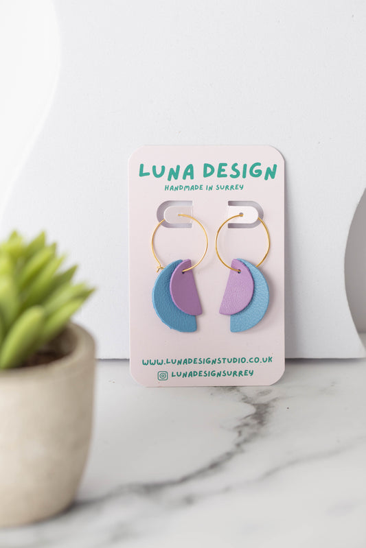 Half Moon Hoops -Gold Plated - Baby Blue and Pastel Purple