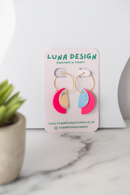 Half Moon Hoops -Gold Plated - Pink and Iridescent Silver