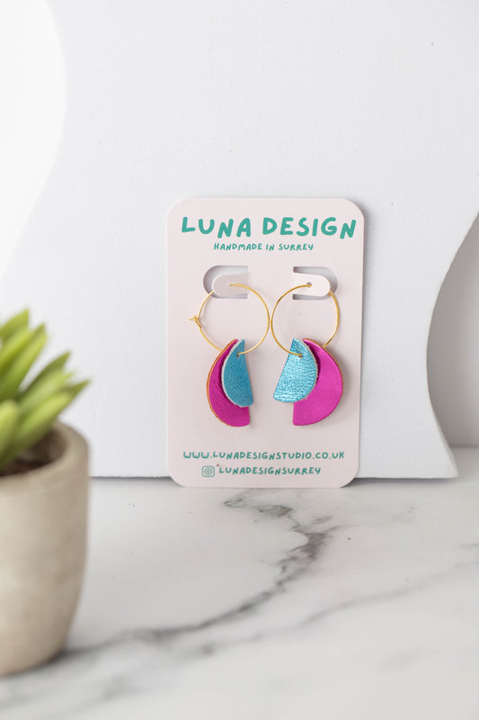 Half Moon Hoops -Gold Plated - Pink and Blue
