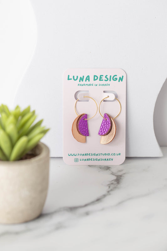 Half Moon Hoops -Gold Plated - Rose and Purple