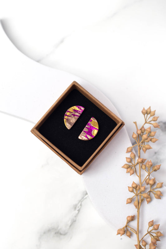 Half Moon Stud Earrings | Pink & Gold Tiger