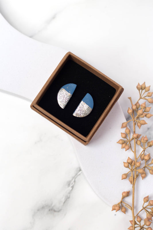 Half Moon Stud Earrings | Blue and Silver