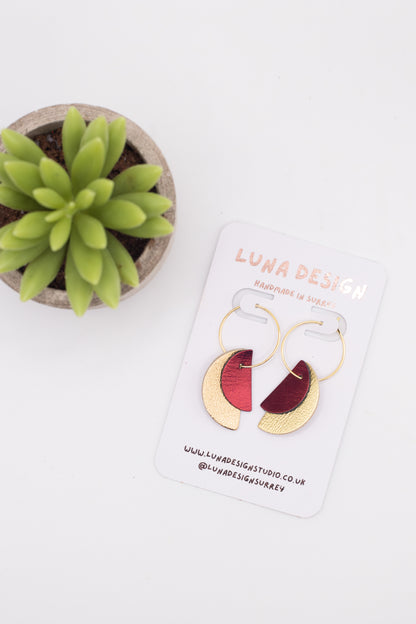 Half Moon Hoops -Gold Plated - Gold and Metallic Red