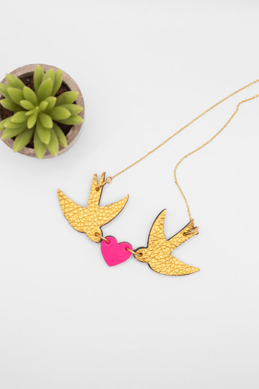 Swallow and Heart Necklace