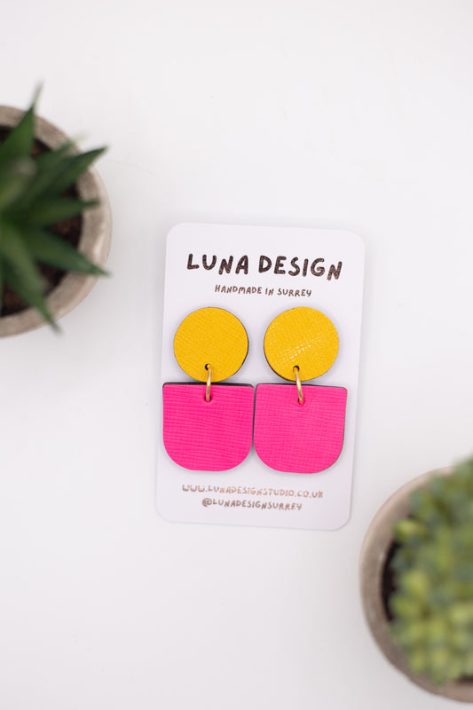 Curve Drop Statement Earrings- Neon Pink and Yellow
