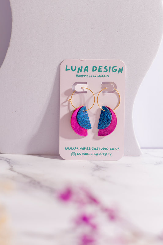Gold Plated Half Moon Hoops - Pink and Blue