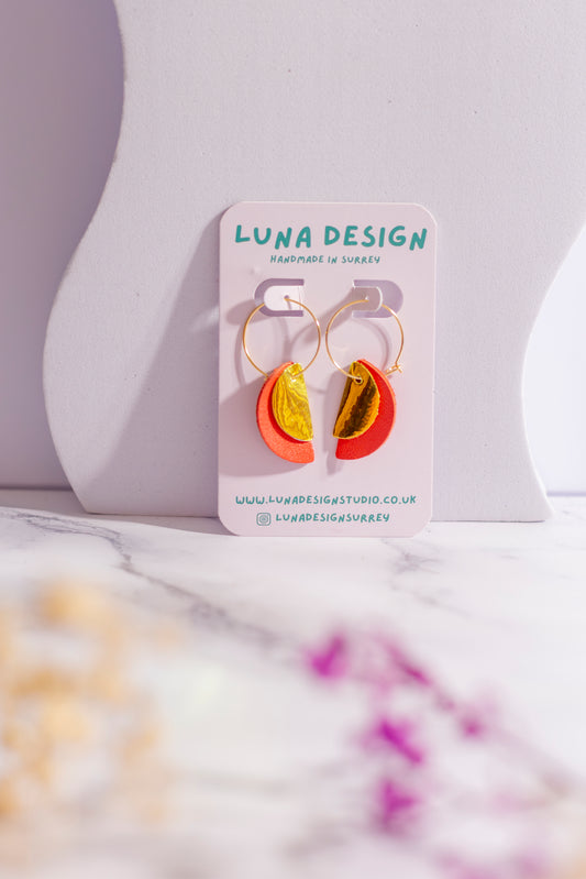 Gold Plated Half Moon Hoops - Orange and Gold Iridescent