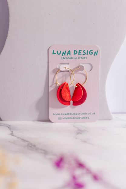 Gold Plated Half Moon Hoops - Red
