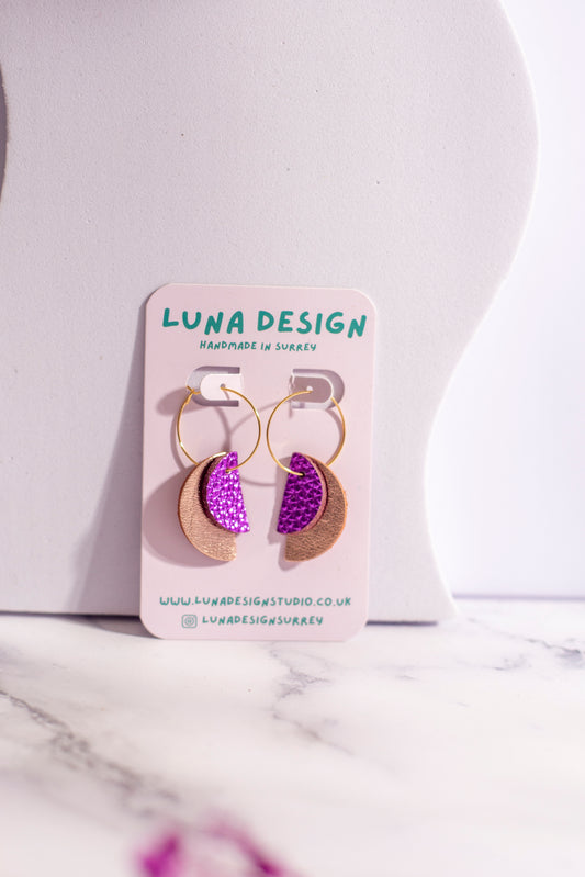 Gold Plated Half Moon Hoops - Rose Gold and Purple