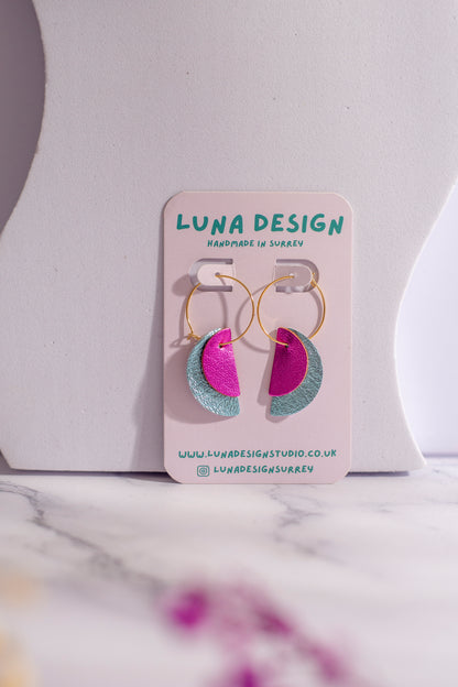 Gold Plated Half Moon Hoops - Baby Blue and Pink