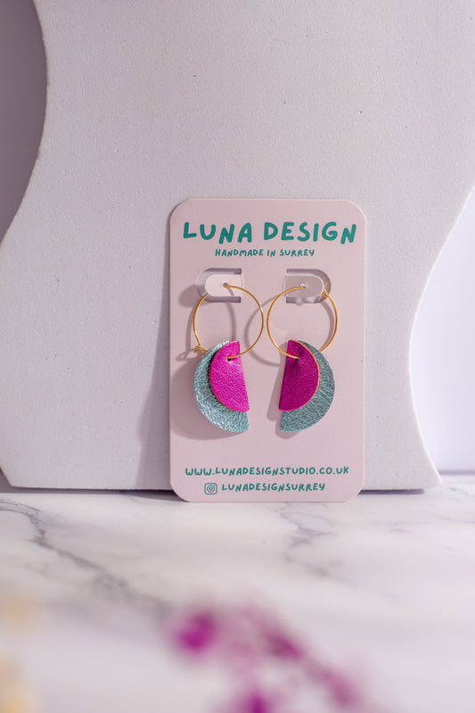 Gold Plated Half Moon Hoops - Baby Blue and Pink