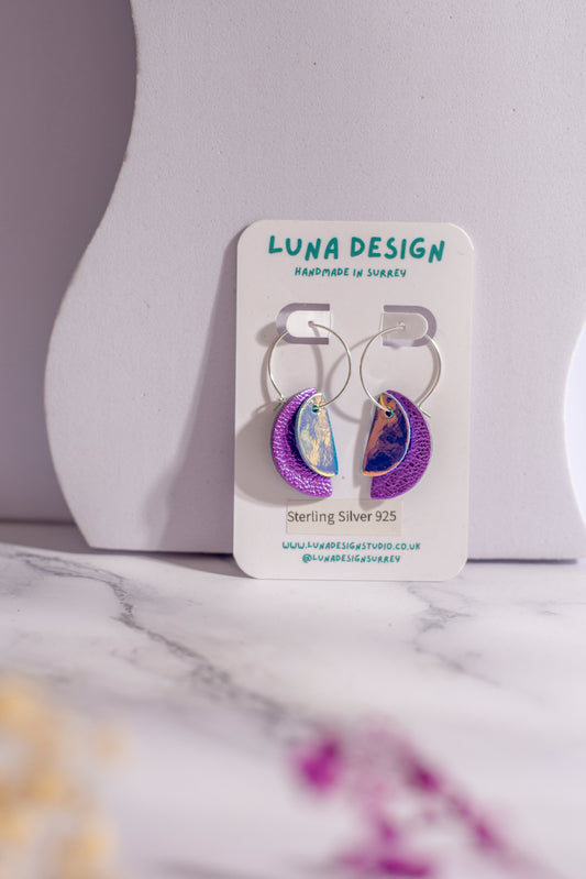 Sterling Silver Half Moon Hoops - Purple and Holographic