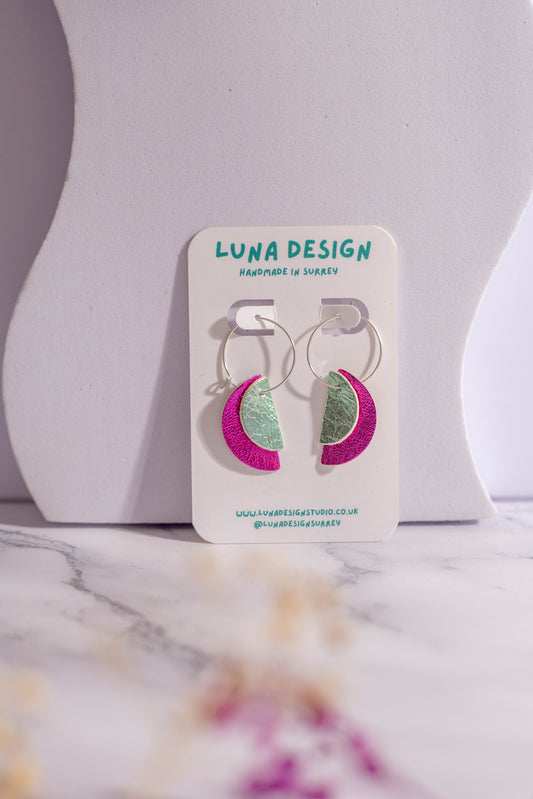 Sterling Silver Half Moon Hoops - Pink and Baby Blue
