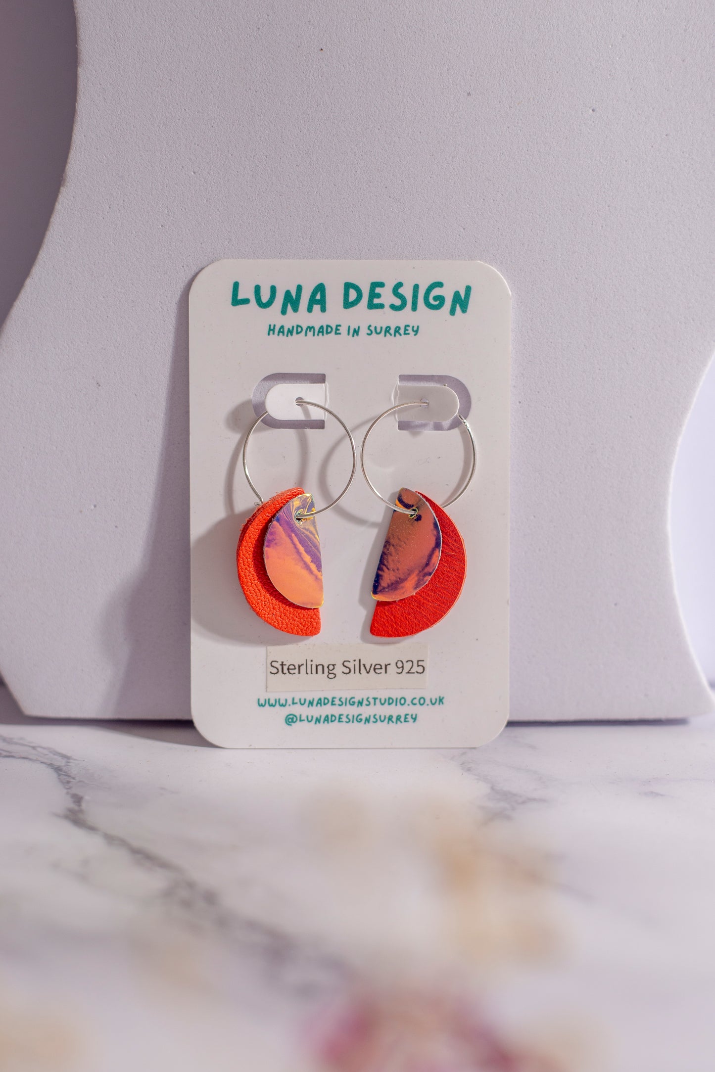 Sterling Silver Half Moon Hoops - Orange and Iridescent
