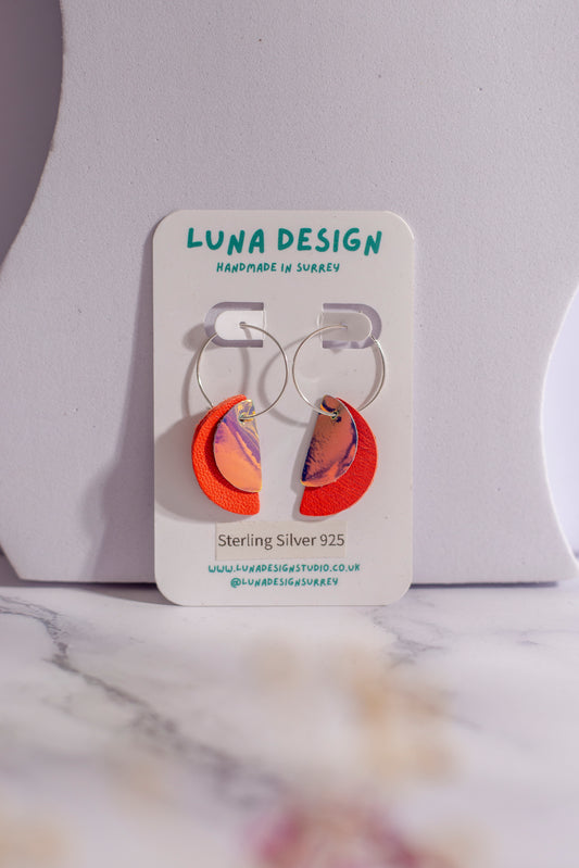 Sterling Silver Half Moon Hoops - Orange and Iridescent
