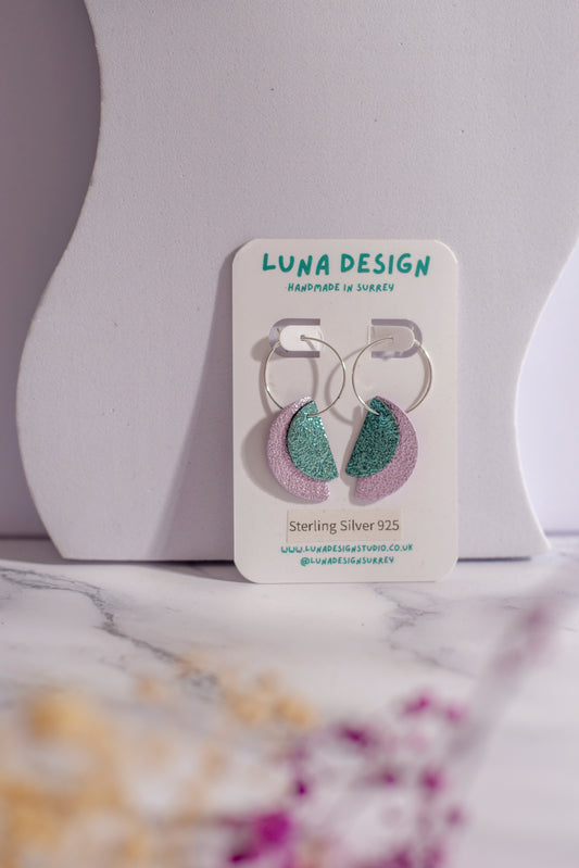 Sterling Silver Half Moon Hoops - Mauve and Glitter Blue