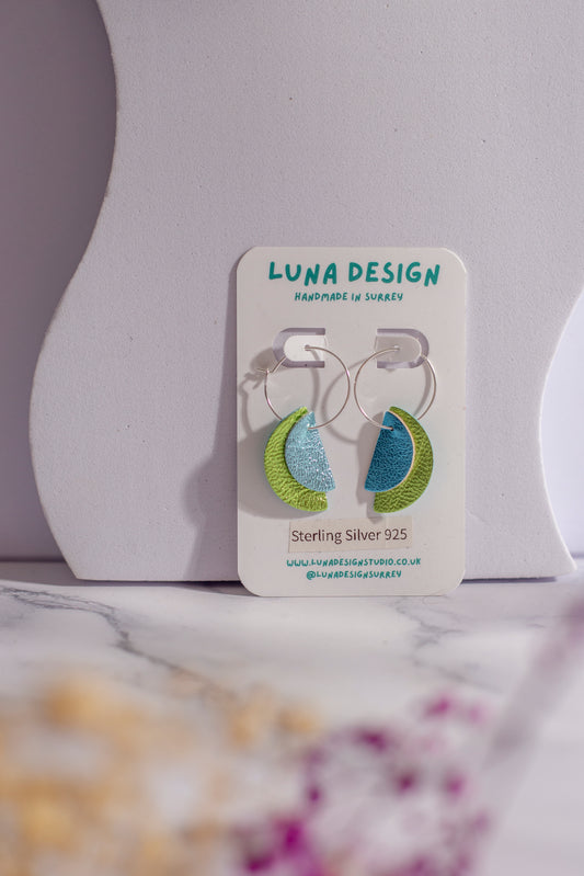 Sterling Silver Half Moon Hoops - Green and Blue