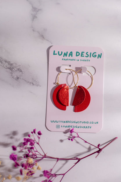 Gold Plated Half Moon Hoops - Red