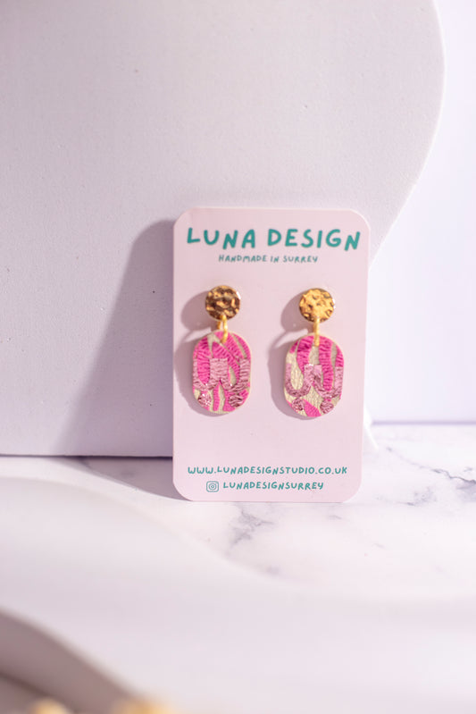 Gold Drop Studs - Pink Pattern