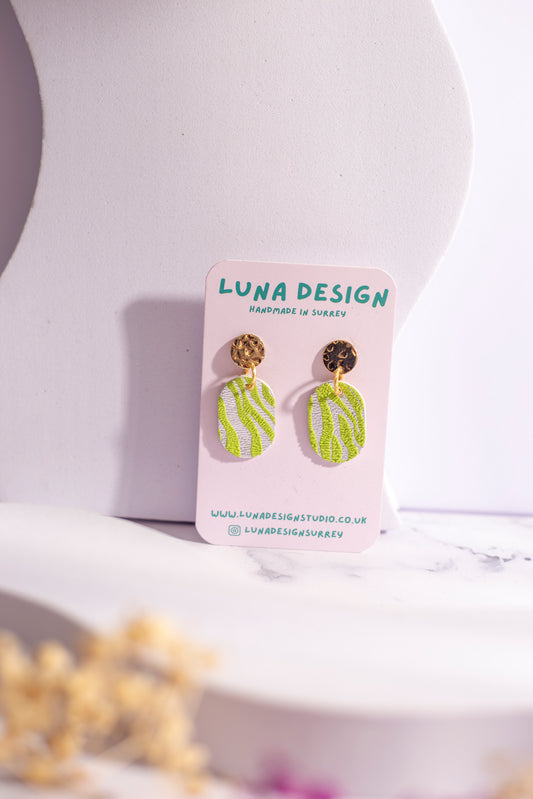 Gold Drop Studs - Lime Green Zebra