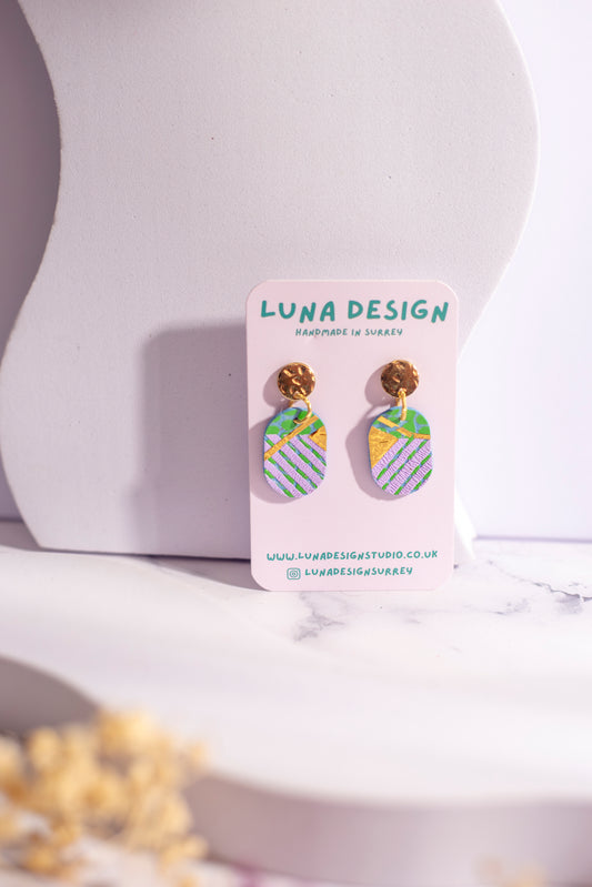 Gold Drop Studs - Purple Hatch with Gold