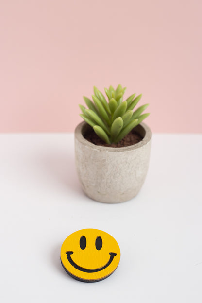 Small potted plant on a white surface with a yellow smiley face object in front